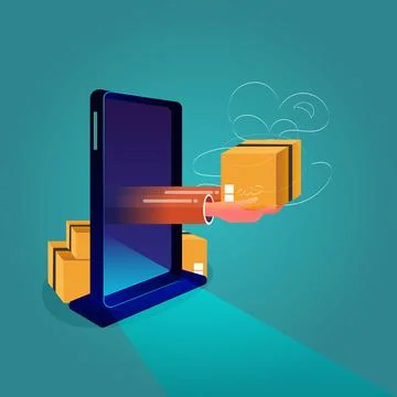 Home delivery from phone. Flat vector cartoon illustration Stock Illustration