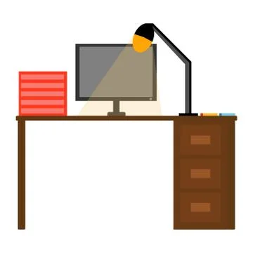 Home desktop with computer and paper trays. The lamp illuminates the surface  Stock Illustration