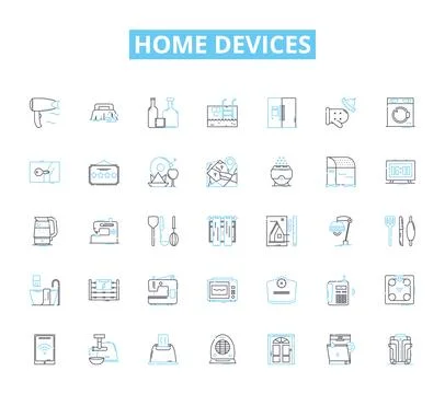 Home devices linear icons set. Smart, Automation, Security, Efficiency Stock Illustration