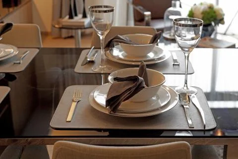 Home dinner table place setting Stock Photos