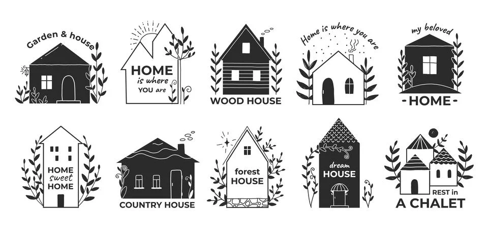 Home doodle logo. Hand drawn country wooden house with garden. Rental village Stock Illustration