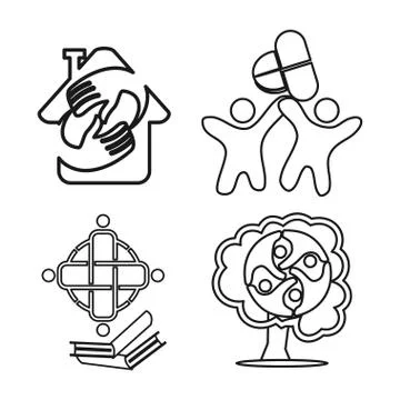 Home drug book tree Commitment Teamwork Together Outline Logo Stock Illustration