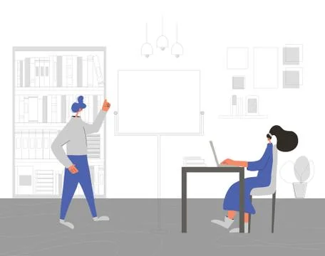 Home education. Character working on computer with teacher. Person using lapt Stock Illustration
