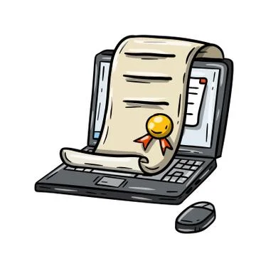 Home education. Distance learning. Computer and earning a degree. Illustrazione stock