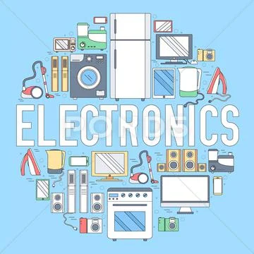 Home electronics appliances circle infographics template concept. Icons design Stock Illustration