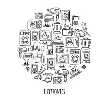 Home electronics sketch vector circle. Illustrazione stock