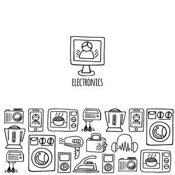 Home electronics sketch vector horizontal banner. Stock Illustration