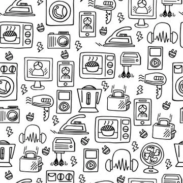 Home electronics sketch vector seamless pattern. Stock Illustration