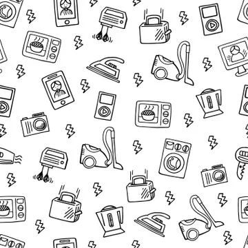 Home electronics sketch vector seamless pattern. Stock Illustration