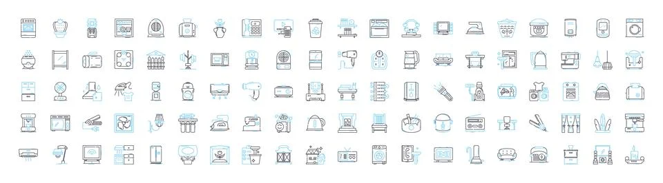 Home electronics vector line icons set. Fridge, TV, Stove, Washer, Dryer Stock Illustration