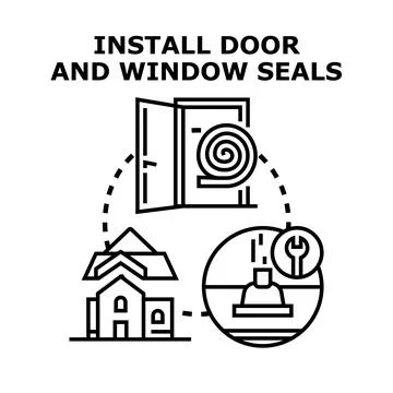 Home energy saving installing door and window seals 库存插图