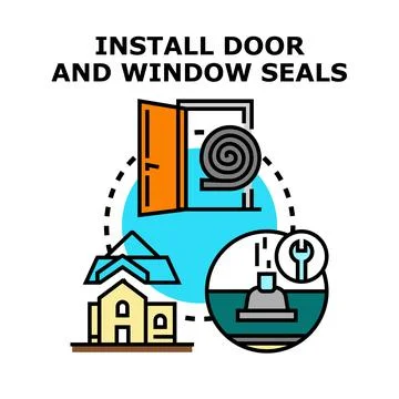 Home energy saving installing door and window seals 库存插图