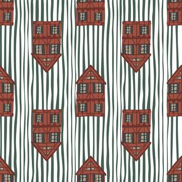 Home europe architecture seamless pattern with maroon house print. Striped ba Stock Illustration