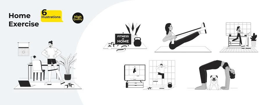 Home exercise outline illustrations mega bundle Stock Illustration