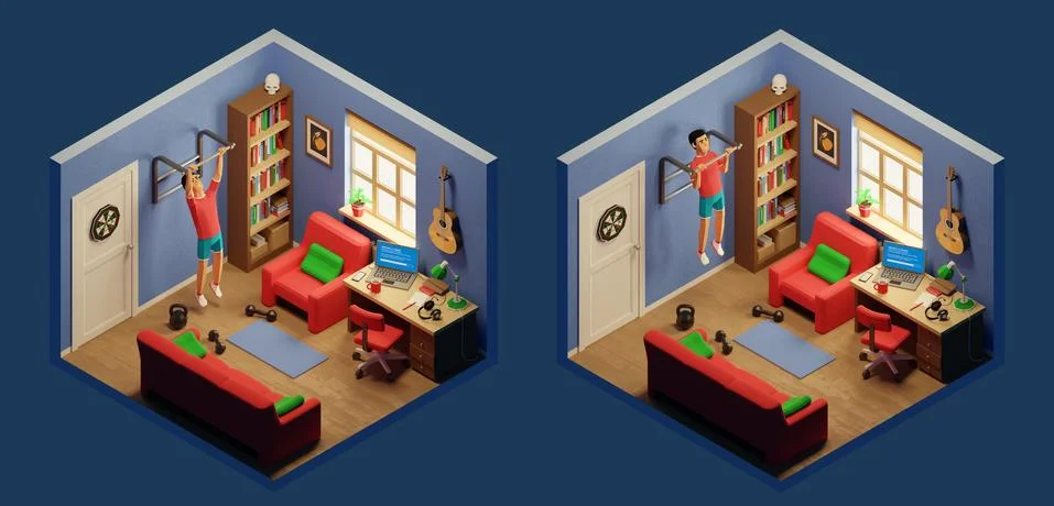 Home exercise - pullup on bar. Workout in work room Stock Illustration