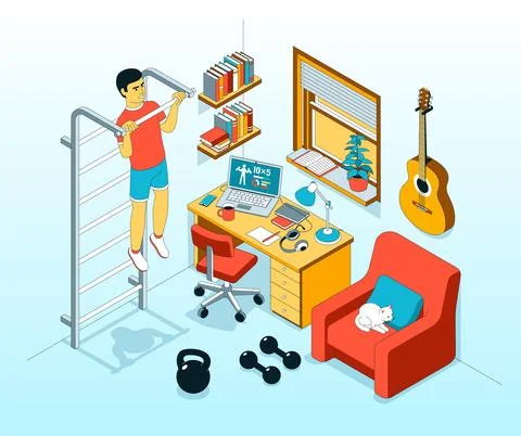 Home exercise - pullup on bar. Workout at home in living room Stock Illustration