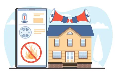 Home fire alarm, smoke detector, safety system. Smart house with electronic Stock Illustration