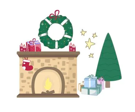 Home fireplace to paste in the interior of the house. Prize box, Spruce and W Stock Illustration