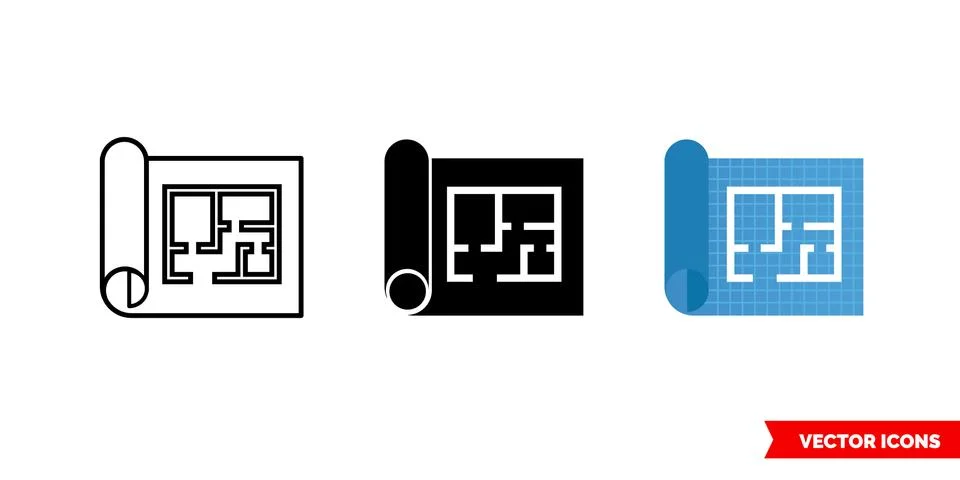 Home floor plan icon of 3 types color, black and white, outline. Isolated vec Stock Illustration