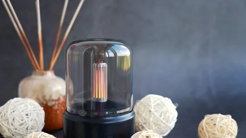 Home fragrance aromatic diffuser with essential oil. Modern air humidifier at Stock Footage 311800298