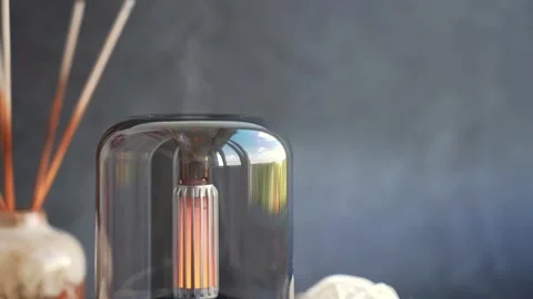 Home fragrance aromatic diffuser with essential oil. Modern air humidifier at Stock Footage 316132557