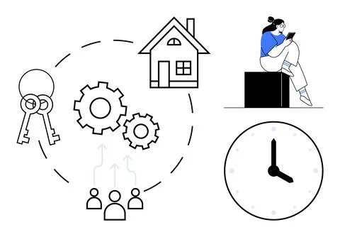 Home, gears, keys, clock, and person using a tablet highlighting modern livin Stock Illustration