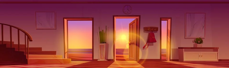 Home hallway with view to sea beach at sunset Stock Illustration