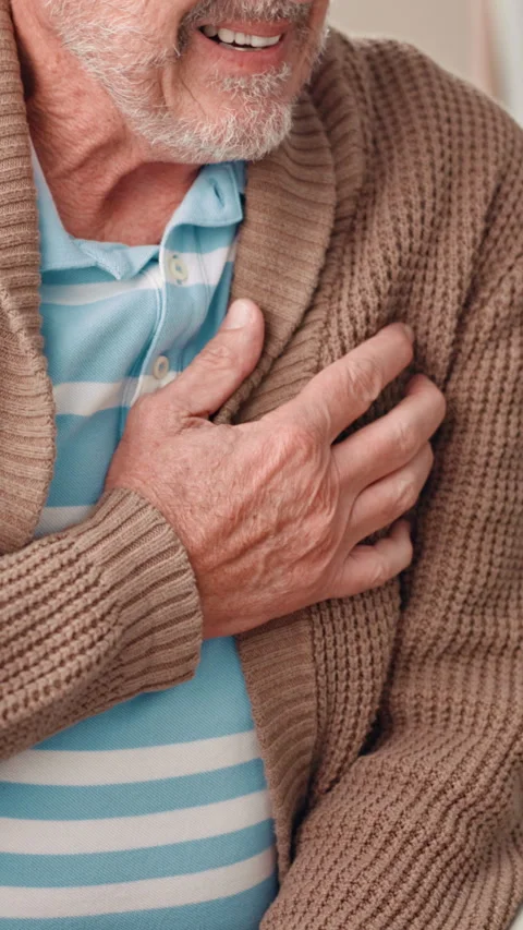 Home, hand or old man with pain, heart attack signs or hypertension with asthma Stock Footage 310717611