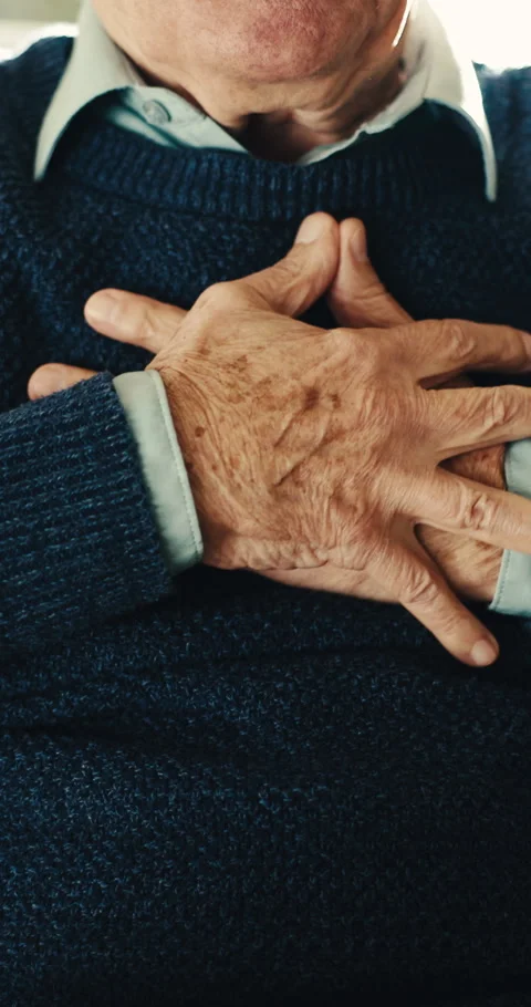 Home, hands or senior man with chest pain, angina or heart attack symptoms with Stock Footage 342220854