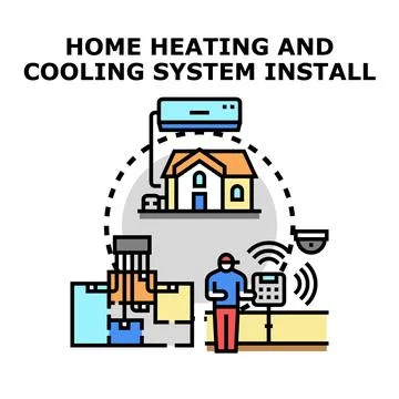 Home heating and cooling system installing process Stock Illustration