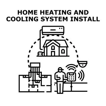 Home heating and cooling system installing process Stock Illustration