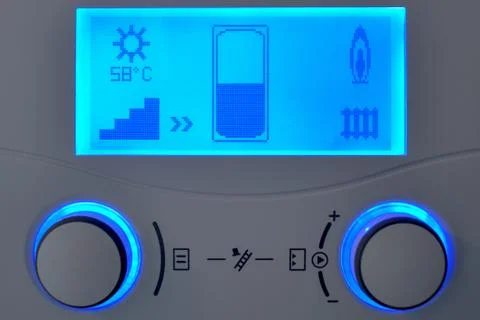 Home heating automation control unit with blue display Foto stock