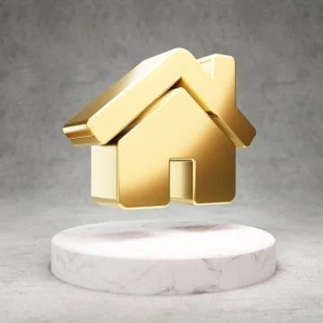 Home icon. Shiny golden Home symbol on white marble podium. Stock Illustration