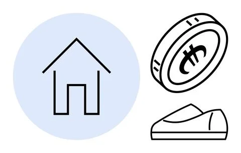 Home icon within a blue circle, a dollar coin, and computer mouse showcasing  Stock-Illustration
