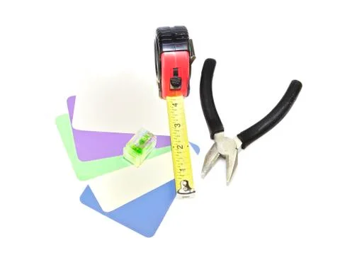 Home improvement, paint samples, measuring tape and tools Stock Photos