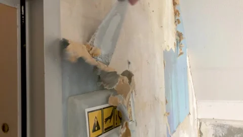 Home improvement removing wallpaper with heating steam plate and scraper 動画素材 247633197
