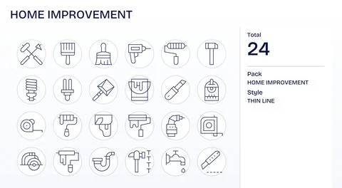 Home Improvement Vector Icon Collection with 24 128x128 Thin Line Designs Stock Illustration