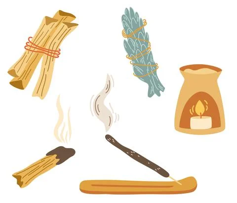 Home incense. Meditation set elements. Scented Spa stick on a wooden stand, i 스톡 일러스트