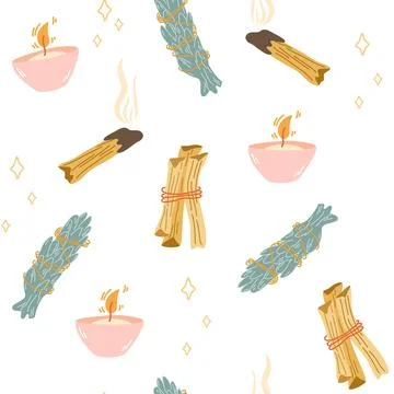 Home incense seamless pattern. Scented Spa stick on a wooden stand, incense p Stock Illustration
