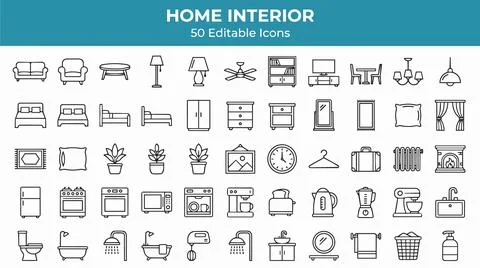 Home interior 3D editable icons set for design and decoration purposes. Illustrazione stock