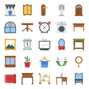 Home Interior and Decorations Flat Icons Pack Stock Illustration