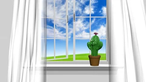 Home interior and open window with blue summer sky and a happy cactus man Stock Footage 50818321