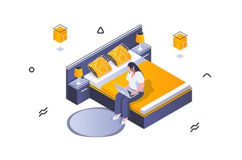 Home interior concept in 3d isometric design. Woman working at laptop and sit Illustrazione stock