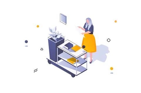 Home interior concept in 3d isometric design. Woman standing by bookshelf wit Stock Illustration