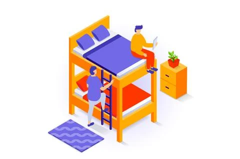 Home interior concept in 3d isometric design. People preparing to sleep in .. Stock Illustration