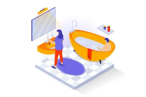 Home interior concept in 3d isometric design. People in bathroom with batht.. Illustrazione stock