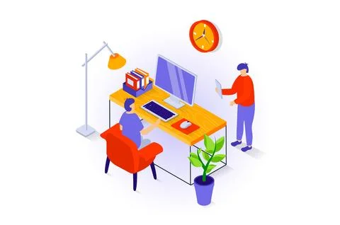 Home interior concept in 3d isometric design. People in workplace office wi.. Illustrazione stock