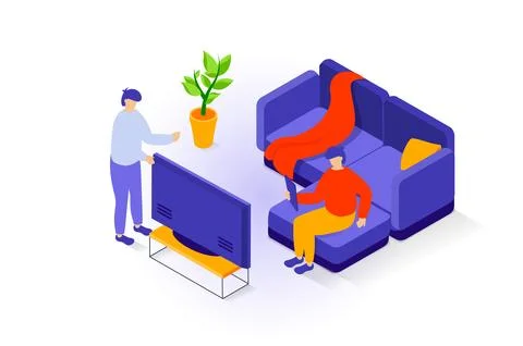 Home interior concept in 3d isometric design. People in living room with bi.. Stock Illustration