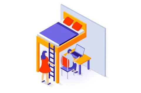 Home interior concept in 3d isometric design. People in bedroom with hanging  イラスト素材