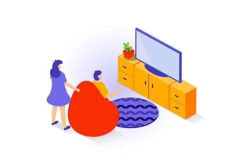Home interior concept in 3d isometric design. People in living room with cozy Stock Illustration